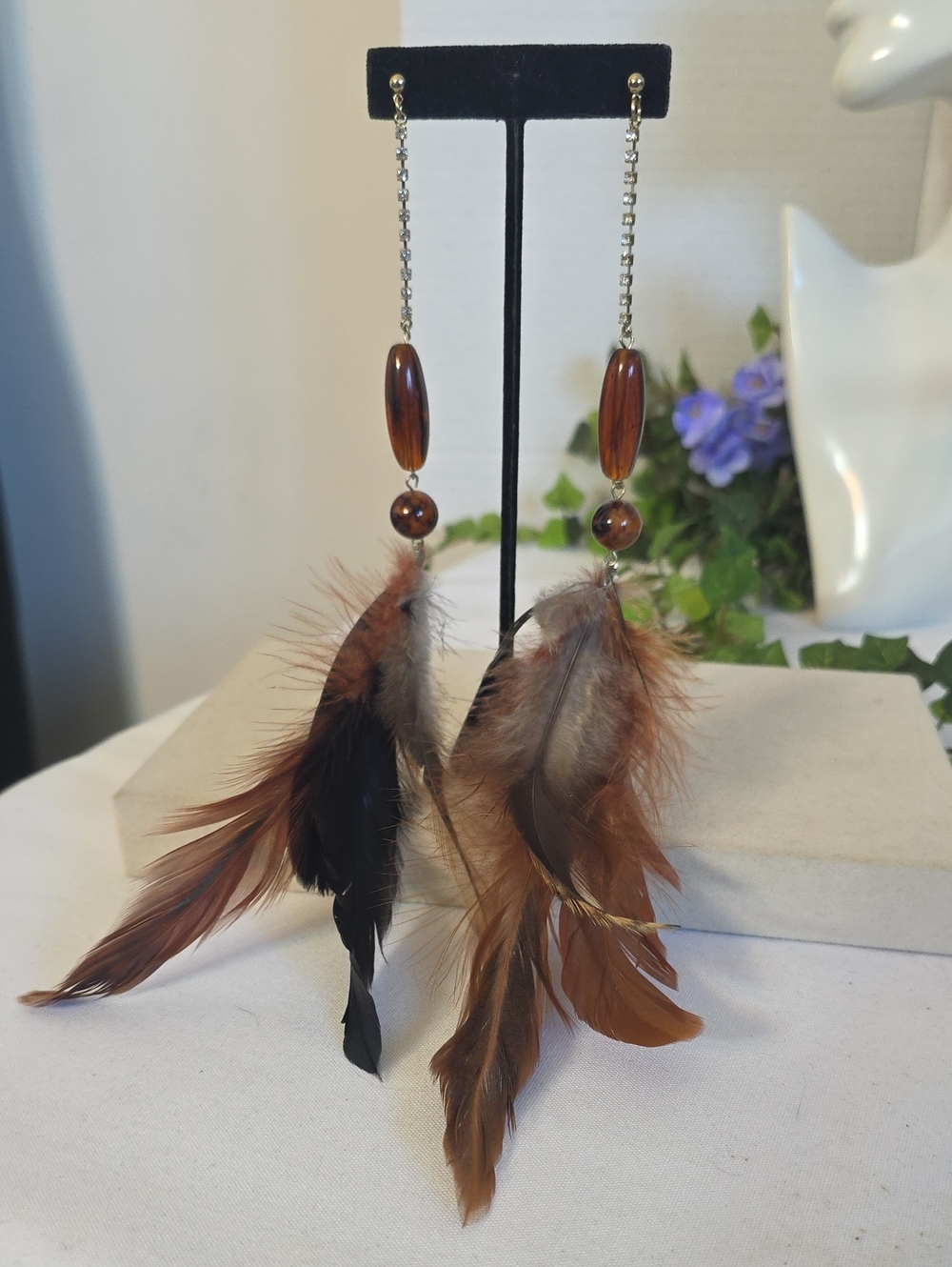 Long Boho Feather Dangle Drop Earrings Rhinestone Chain Amber Tortoise Beads